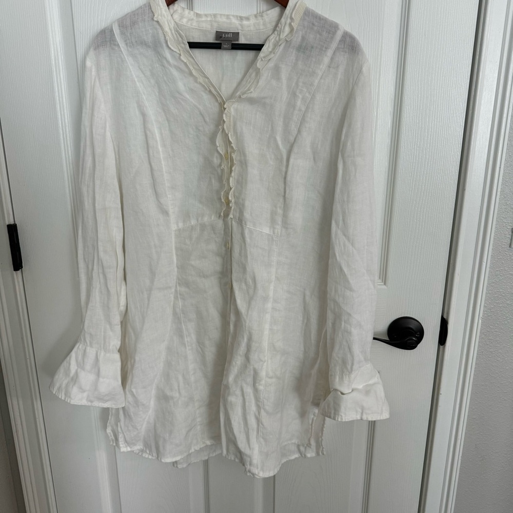 J.Jill Linen Ruffle Cloud Blue Tunic Shirt
